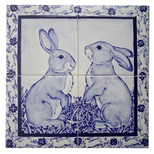 Azulejo De Cerâmica Coelho Branco e Azul Dedham Delft Whimsical (Frente)