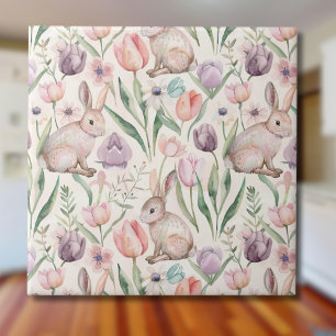 Azulejo De Cerâmica Coelho Cinza Fofo com Tulipas Coloridas