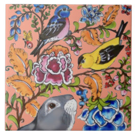 Azulejo De Cerâmica Coelho Coral Floral Mural Metade Superior de 2 Peç