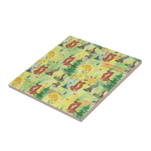 Azulejo De Cerâmica Coelho de Woodland Aquarela, porco-espinho, raposa
