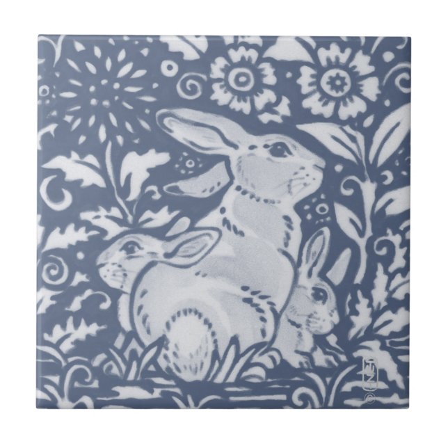 Azulejo De Cerâmica Coelho e Bebês Azul Dedham Delft Botânico Branco (Frente)