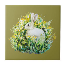 Azulejo De Cerâmica Coelho e flores amarelas