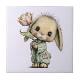 Azulejo De Cerâmica Coelho Fofo Segurando uma Tulipa