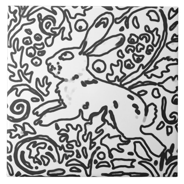 Azulejo De Cerâmica Coelho Foliage Black White Drawing Woodland Animal (Frente)