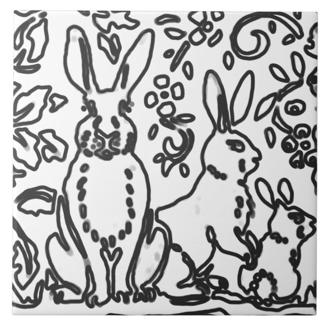 Azulejo De Cerâmica Coelho Foliage Black White Drawing Woodland Animal (Frente)