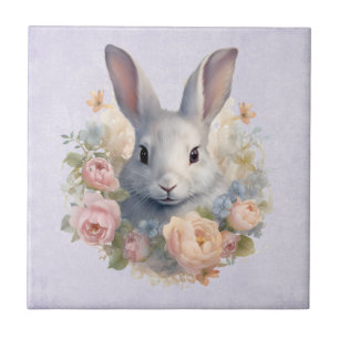 Azulejo De Cerâmica Coelho Rodeado por Flores Pastel Cute