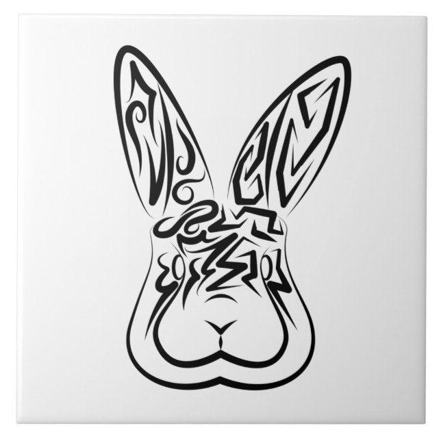 Azulejo De Cerâmica Coelho Tribal Negro e Branco (Frente)