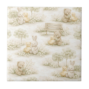 Azulejo De Cerâmica Coelho Urso Piquenique Floral Jardim Neutro (2)