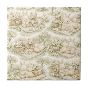 Azulejo De Cerâmica Coelho Urso Piquenique Floral Jardim Neutro (3)