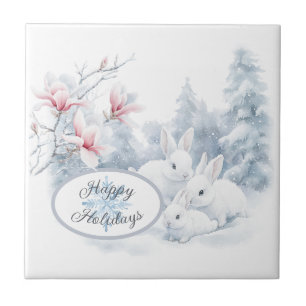 Azulejo De Cerâmica Coelhos brancos e bonitos no Feriado de Inverno da