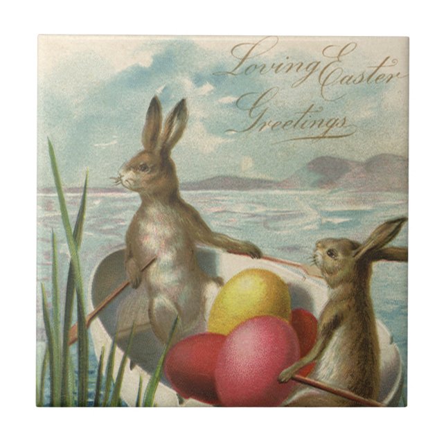 Azulejo De Cerâmica Coelhos de Páscoa antigos em um barco com ovos de  (Frente)