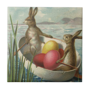 Azulejo De Cerâmica Coelhos de Páscoa Vintage em um Barco com Ovos de