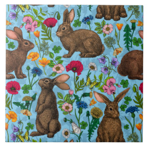 Azulejo De Cerâmica Coelhos e flores silvestres