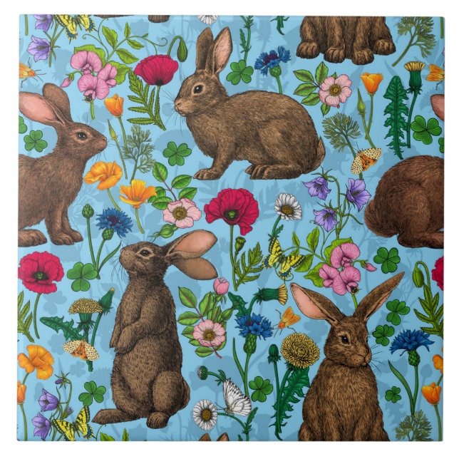 Azulejo De Cerâmica Coelhos e flores silvestres (Frente)