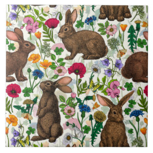 Azulejo De Cerâmica Coelhos e flores silvestres