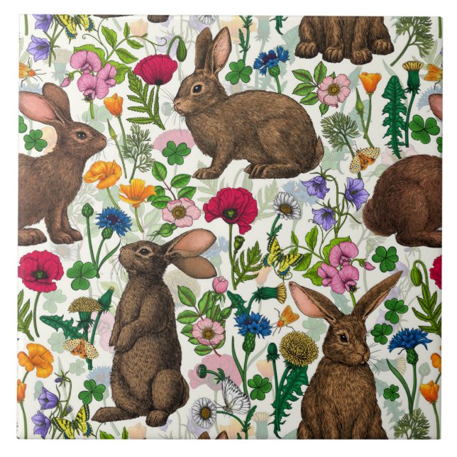 Azulejo De Cerâmica Coelhos e flores silvestres (Frente)