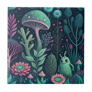 Azulejo De Cerâmica Cogumelo Alienígena Mágico Padrão de Floresta Neon