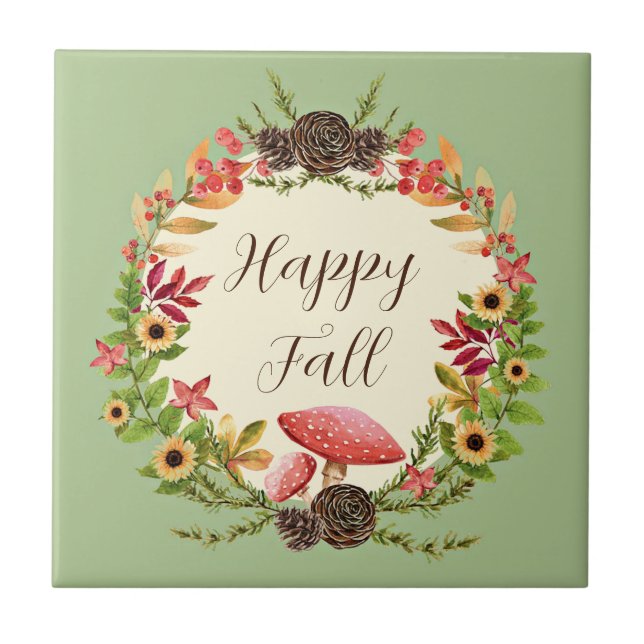 Azulejo De Cerâmica Cogumelo e girassóis com texto personalizável (Frente)