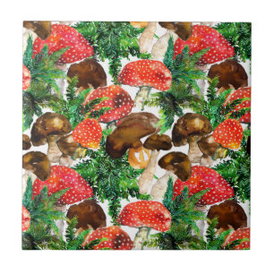 Azulejo De Cerâmica Cogumelos aquosos e padrão verde-férn