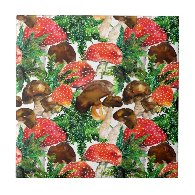 Azulejo De Cerâmica Cogumelos aquosos e padrão verde-férn (Frente)