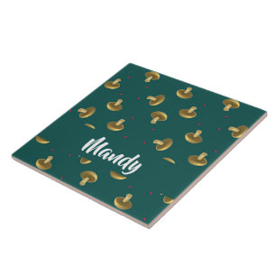 Azulejo De Cerâmica Cogumelos com nome personalizado em verde