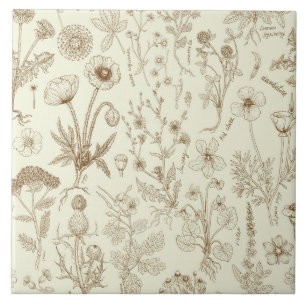 Azulejo De Cerâmica Colagem de flores silvestres/ bege e sépia