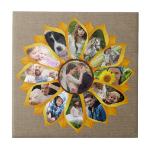 Azulejo De Cerâmica Colagem de Fotografias Familiares Sunflower Burlap