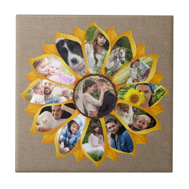 Azulejo De Cerâmica Colagem de Fotografias Familiares Sunflower Burlap (Frente)