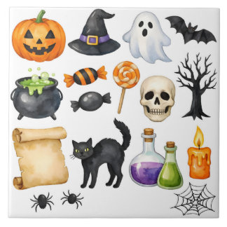 Azulejo De Cerâmica Colagem de Halloween em Aquarela