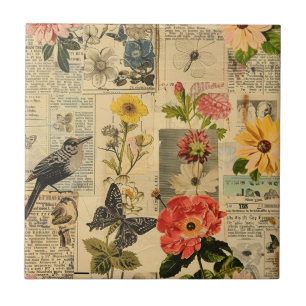 Azulejo De Cerâmica Colagem de Jornal Floral de Pássaro Cantor Vintage