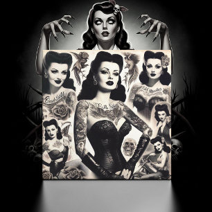 Azulejo De Cerâmica Colagem de Mulher Gótica Tatuada Vintage