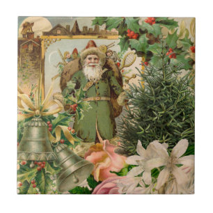 Azulejo De Cerâmica Colagem de Natal do Velho Mundo do Papai Noel Verd