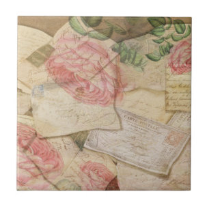 Azulejo De Cerâmica Colagem do vintage, letras francesas e cartão