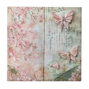 Azulejo De Cerâmica Colagem Vintage Sakura Borboleta