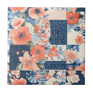 Azulejo De Cerâmica Colcha de retalhos florais Americana em Azul Marin