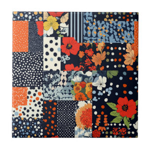 Azulejo De Cerâmica Colcha de retalhos florais coral naval vintage