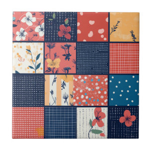 Azulejo De Cerâmica Colcha de retalhos florais em azul marinho vintage