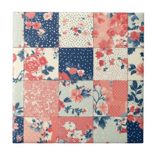 Azulejo De Cerâmica Colcha Floral de Cottage Pastel em Índigo e Pêsseg