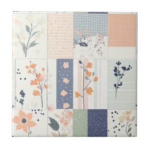 Azulejo De Cerâmica Colcha Floral Escandinava em Rosa e Azul