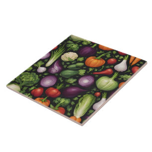 Azulejo De Cerâmica Coleção de Comidas Saudáveis de Vegetais Felizes d