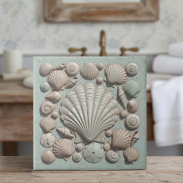 Azulejo De Cerâmica Coleção de Conchas de Trompe L'oeil de Vida Marinh