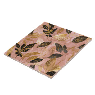 Azulejo De Cerâmica Coleção de Folhas de Boho Popular Douradas rosa