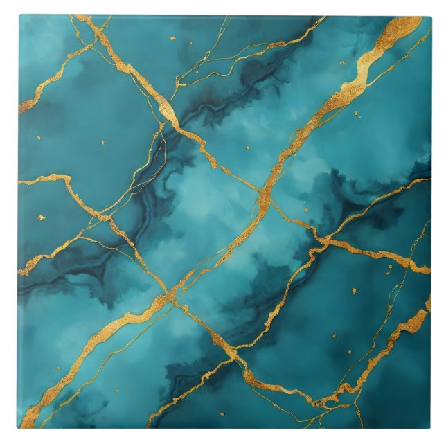 Azulejo De Cerâmica Coleção de Mármore Dourado Azul Turquoise Trendy (Frente)