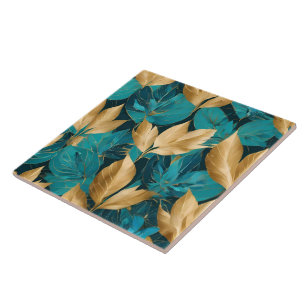 Azulejo De Cerâmica Coleção Popular Turquesa Dourada Boho Leaves