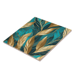 Azulejo De Cerâmica Coleção Trendy Turquoise Dourada Boho Leaves