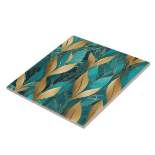 Azulejo De Cerâmica Coleção Turquoise Dourada Trendy Boho Leaves