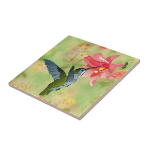 Azulejo De Cerâmica Colibri e lírio cor-de-rosa no teste padrão flor