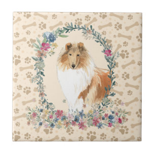 Azulejo De Cerâmica Collie Dog Paw Imprime Beige Floral
