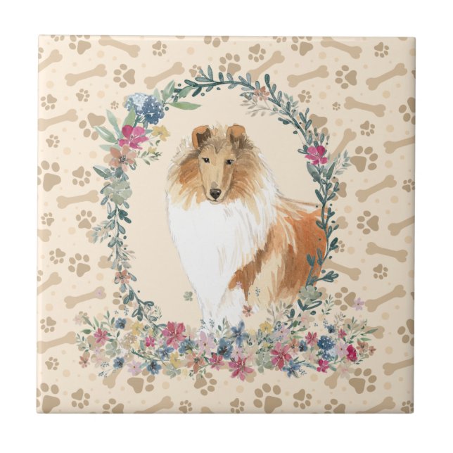 Azulejo De Cerâmica Collie Dog Paw Imprime Beige Floral (Frente)