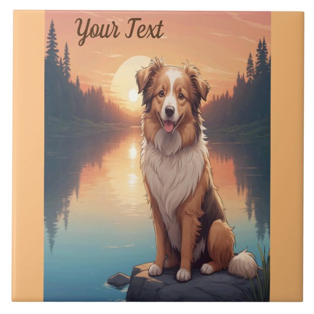 Azulejo De Cerâmica Collie Pastor pelo Lago (Frente)